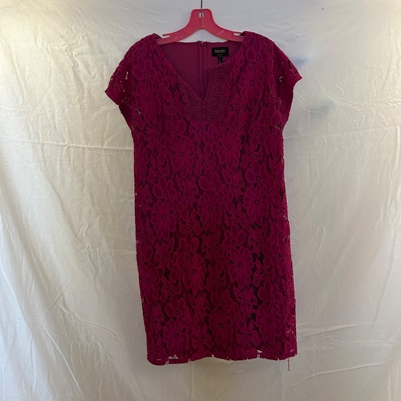 Magenta Lace Sheath Dress | Size 12 | Floral Overlay | Stretch Lined - Picture 4 of 7